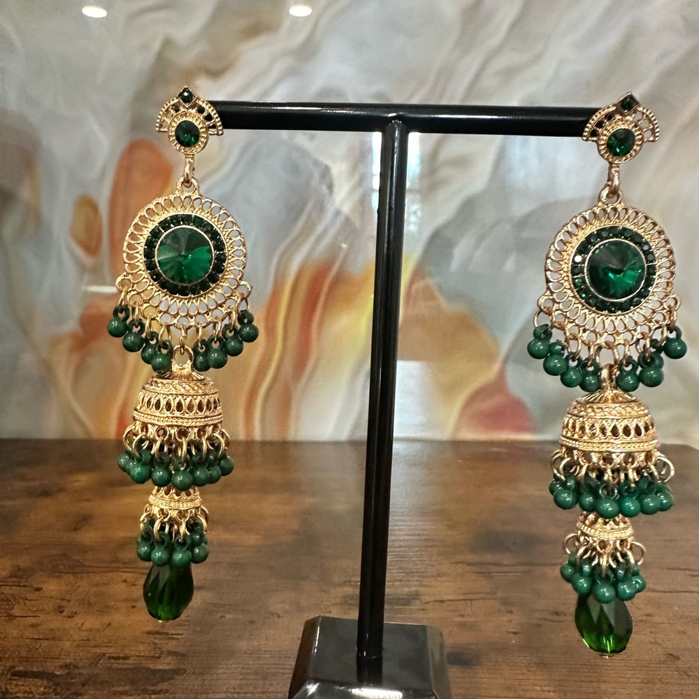 Amazon Green and Gold Dangle Earrings